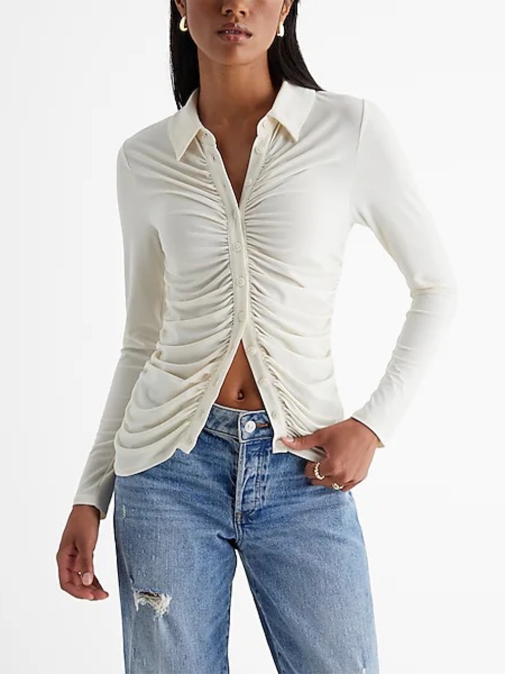 Express Cream Button-Down Shirt with Ruched Front. Size Small